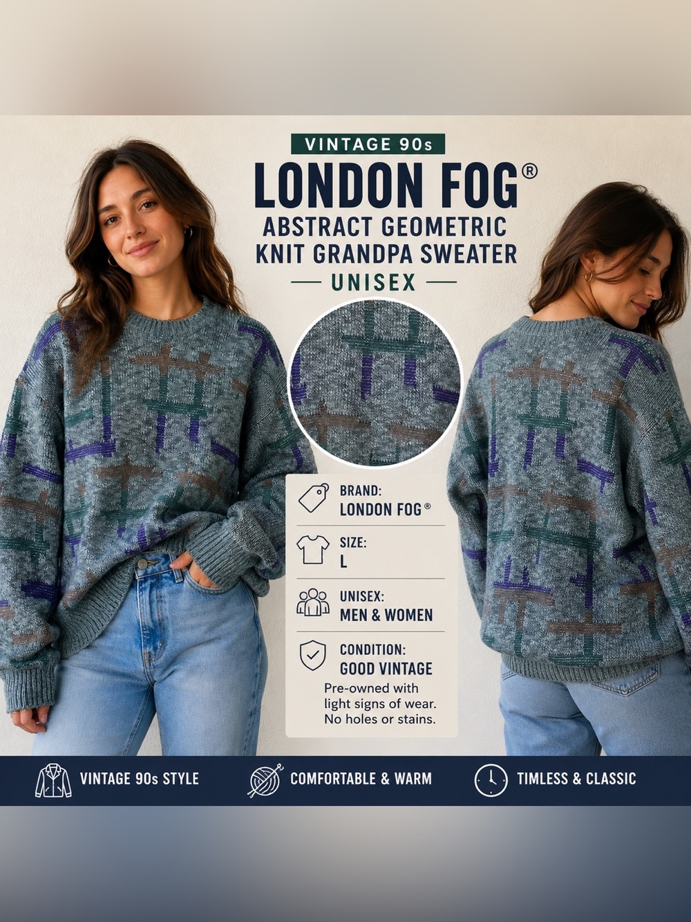 Vintage 90s London Fog Abstract Geometric Knit Grandpa Sweater Unisex - Size L
